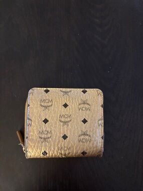 MCM Metallic Gold Monogram Zip Card Holder with Black Motif